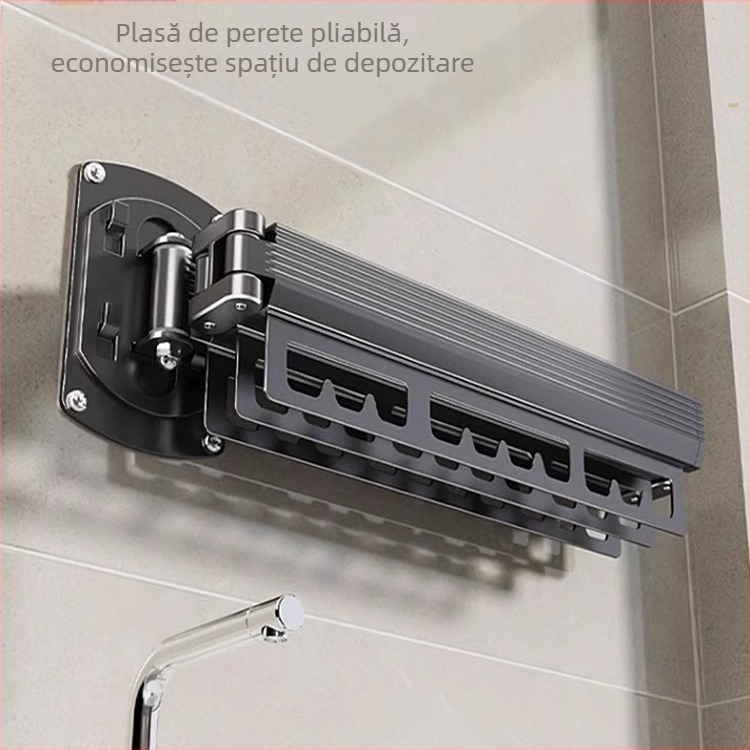 Raft de uscat haine montat pe perete, cu pliere dublă și bară extensibilă retractabilă