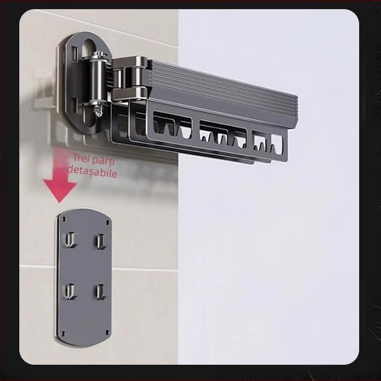 Raft de uscat haine montat pe perete, cu pliere dublă și bară extensibilă retractabilă