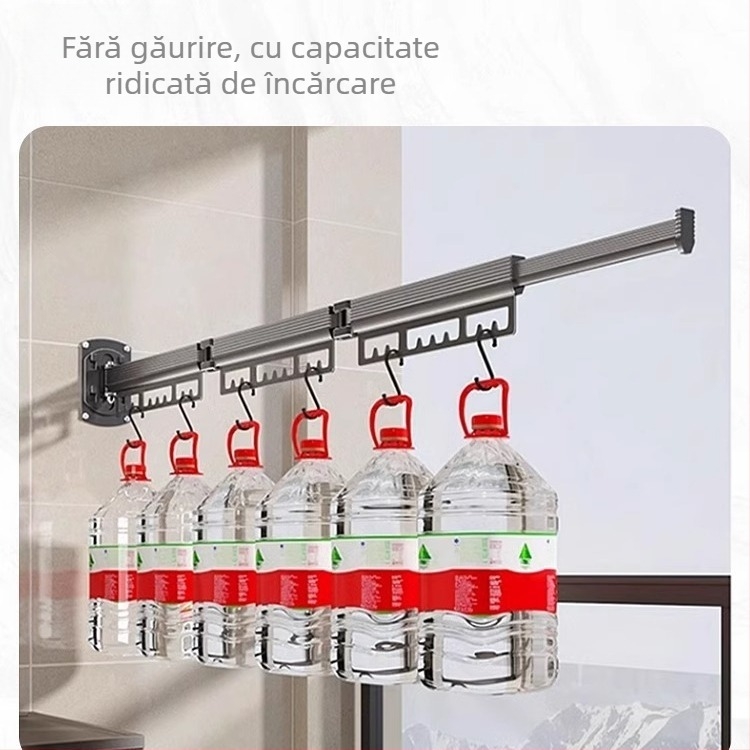Raft de uscat haine montat pe perete, cu pliere dublă și bară extensibilă retractabilă