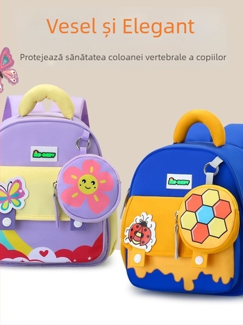 Rucsac școlar pentru copii cu imprimeu desen animat, material nylon, respirabil, ultra-ușor, rezistent la uzură, curea de umăr curbată