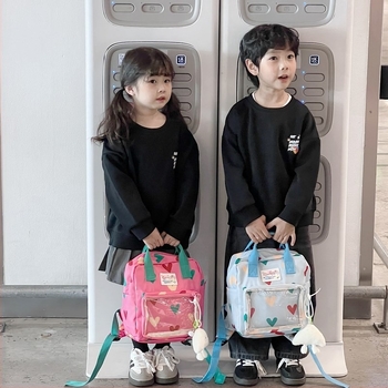 Rucsac unisex pentru grădiniță cu fereastră transparentă, model inimă, țesătură PVC compozit respirabil, căptușeală poliester