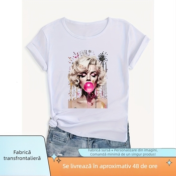 Tricou cu imprimeu portret, femei, guler rotund, mâneci scurte, croi lejer, poliester