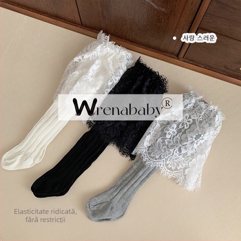 Colanți pentru copii cu fustă din dantelă și design bamboo-joint, talie înaltă, material din amestec de bumbac (85% bumbac), primăvară-toamnă, fără deschidere la zona inghinală, în stil coreean, pentru copii 3–8 ani