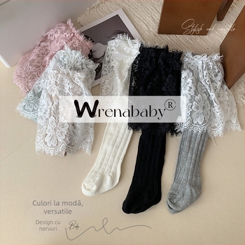 Colanți pentru copii cu fustă din dantelă și design bamboo-joint, talie înaltă, material din amestec de bumbac (85% bumbac), primăvară-toamnă, fără deschidere la zona inghinală, în stil coreean, pentru copii 3–8 ani