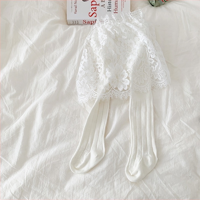 Colanți pentru copii cu fustă din dantelă și design bamboo-joint, talie înaltă, material din amestec de bumbac (85% bumbac), primăvară-toamnă, fără deschidere la zona inghinală, în stil coreean, pentru copii 3–8 ani