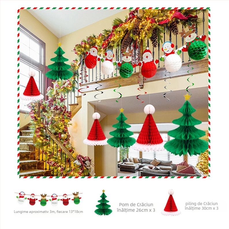 Ornament de Crăciun din bilă de hârtie fagure, decor suspens, imprimare offset, producție semi-automat, etichetă privată licențiată