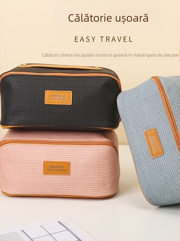 Geantă de cosmetică, din piele cu căptușeală din poliester, monocromă, stil street, rezistentă la uzură