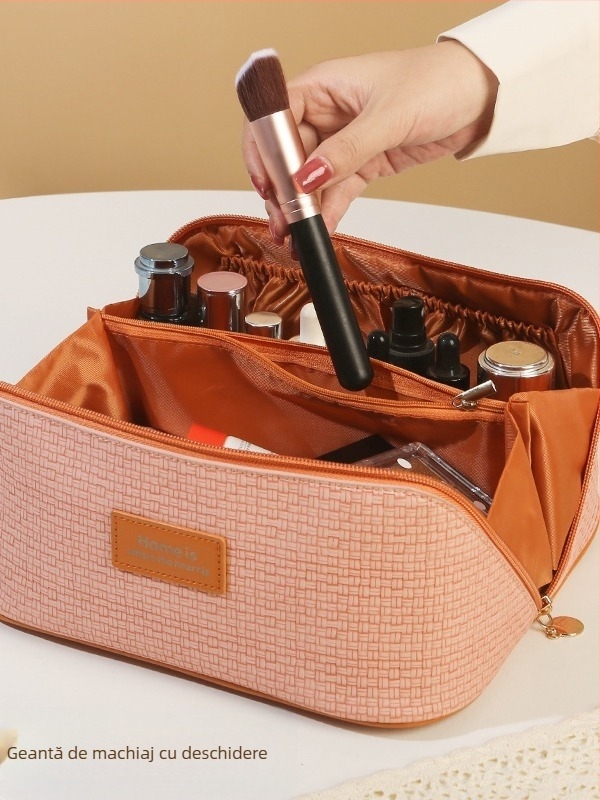 Geantă de cosmetică, din piele cu căptușeală din poliester, monocromă, stil street, rezistentă la uzură