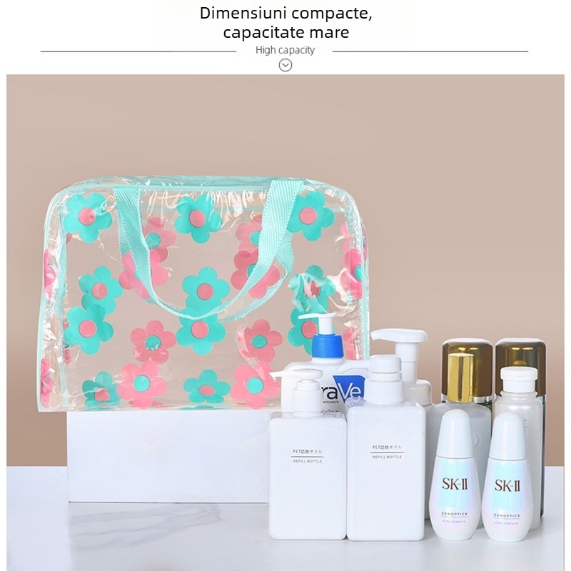 Geantă transparentă pentru cosmetice din PVC, imprimată, impermeabilă, portabilă, cu mare capacitate pentru cosmetică și produse de igienă – pentru călătorii