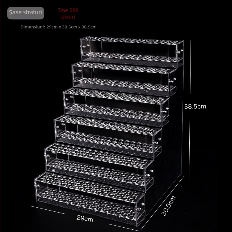 Raft acrilic de afișare pentru accesorii de păr cu suport multistrat – construcție din plastic; 1–4 straturi; găuri 48/96/144/192