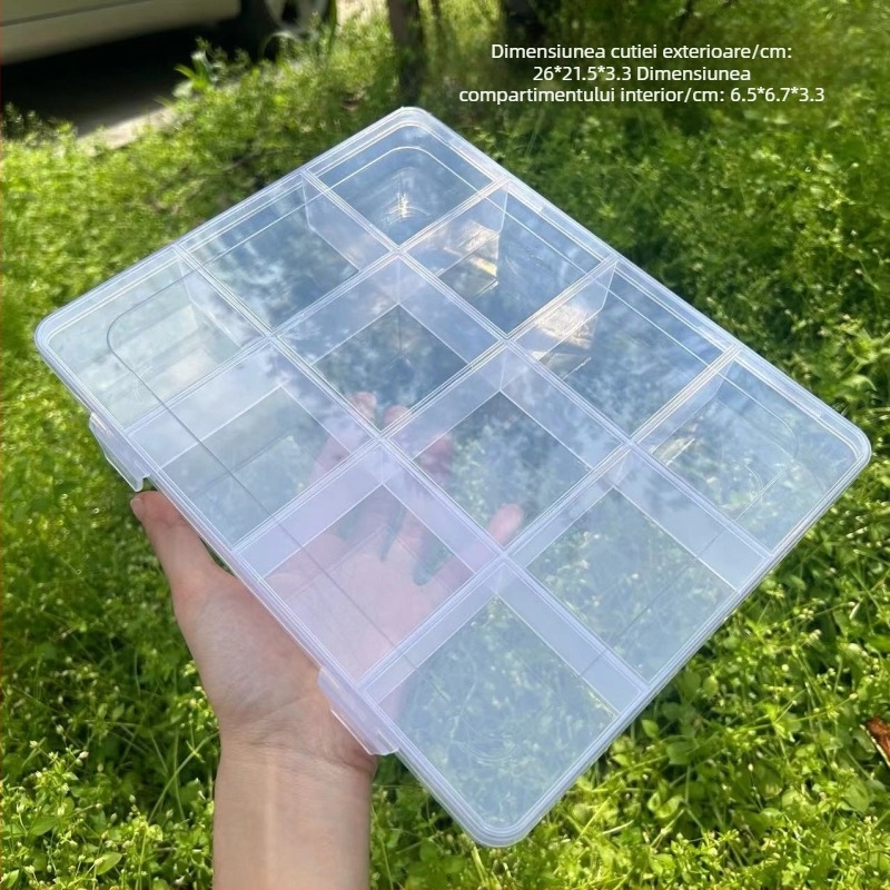 Cutie de depozitare pentru birou cu 12 compartimente și slot pentru carduri, din PP plastic, transparentă, cu separatoare, poate fi stivuită, capacitate 1,6 L