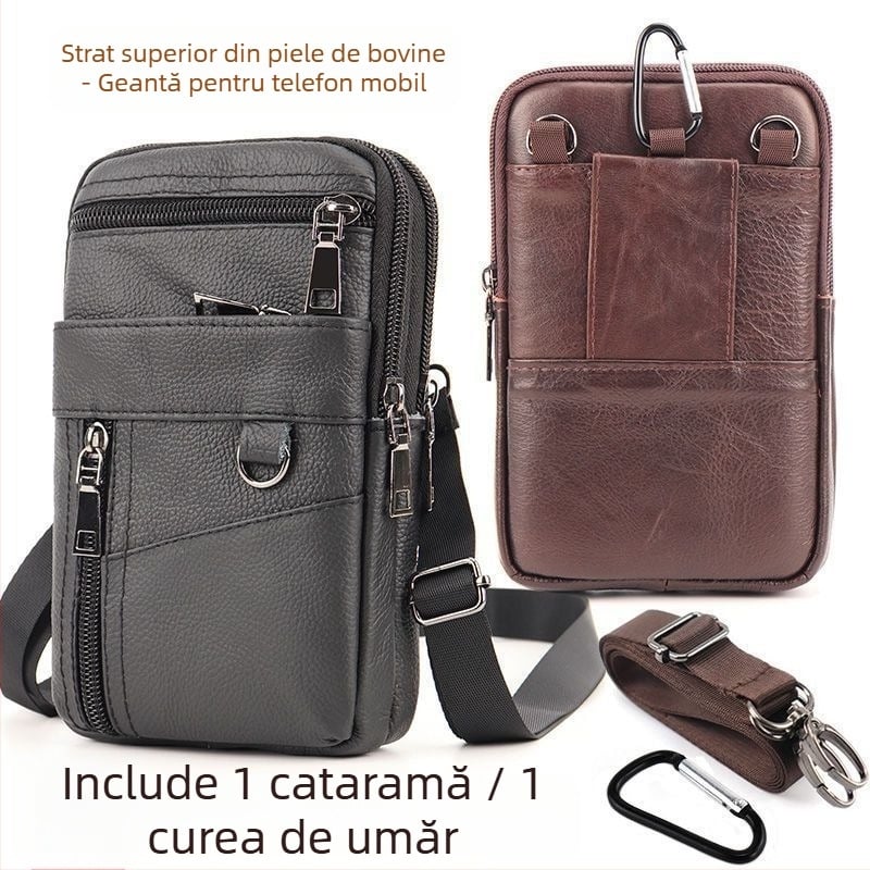 Geantă pentru telefon mobil din piele naturală, strat superior de piele de vițel, închidere cu fermoar, siluetă verticală pătrată, căptușeală din poliester