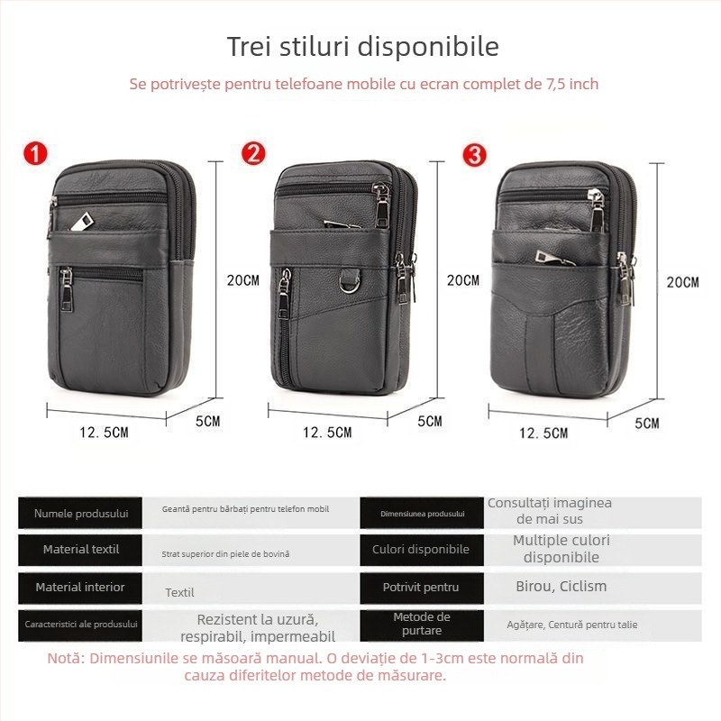 Geantă pentru telefon mobil din piele naturală, strat superior de piele de vițel, închidere cu fermoar, siluetă verticală pătrată, căptușeală din poliester