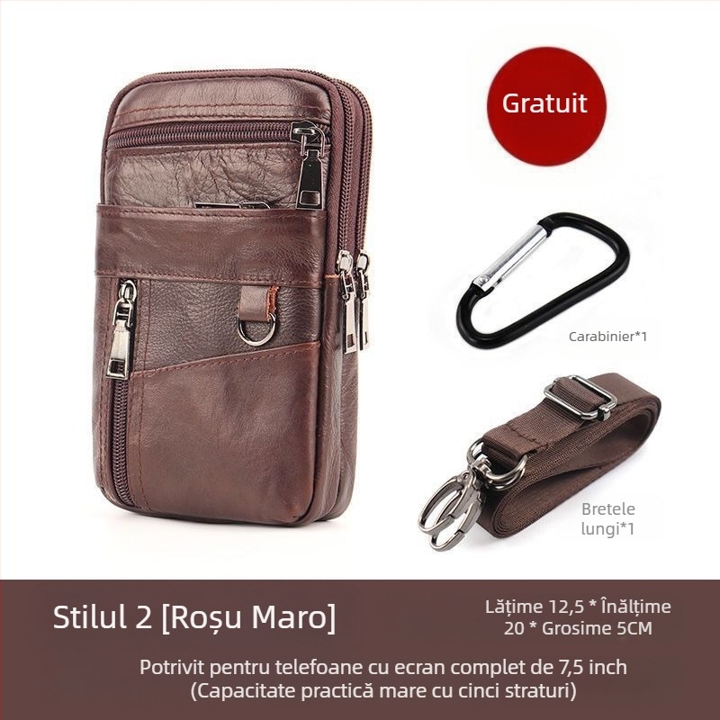 Geantă pentru telefon mobil din piele naturală, strat superior de piele de vițel, închidere cu fermoar, siluetă verticală pătrată, căptușeală din poliester