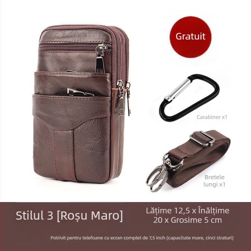Geantă pentru telefon mobil din piele naturală, strat superior de piele de vițel, închidere cu fermoar, siluetă verticală pătrată, căptușeală din poliester