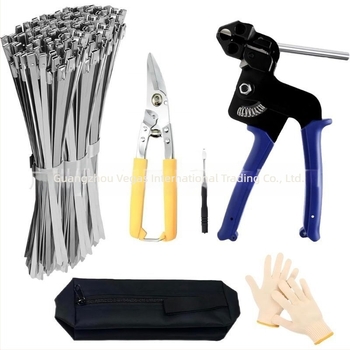 Pistol pentru banda de legare cabluri din oțel inox, cu mecanism de blocare automată, oțel inoxidabil 304, grosime 0,9 mm, seturi 106/101/156/157 piese