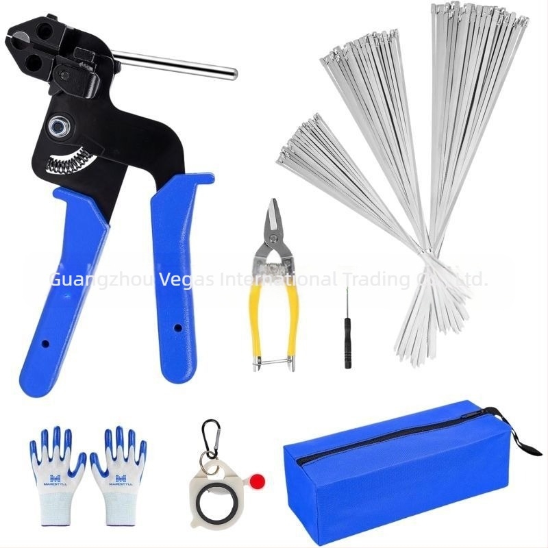 Pistol pentru banda de legare cabluri din oțel inox, cu mecanism de blocare automată, oțel inoxidabil 304, grosime 0,9 mm, seturi 106/101/156/157 piese