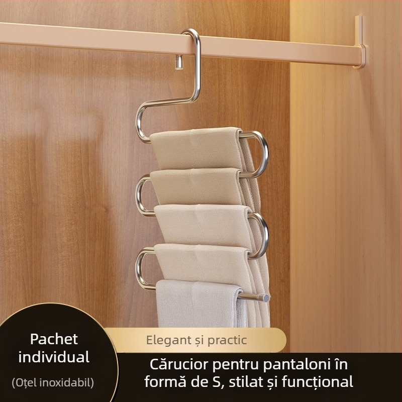 Raft pliabil pentru pantaloni, suport cu mai multe niveluri din oțel inoxidabil, cu clips pentru garderobă