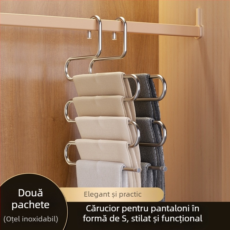 Raft pliabil pentru pantaloni, suport cu mai multe niveluri din oțel inoxidabil, cu clips pentru garderobă