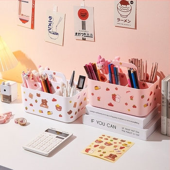 Cutie de depozitare pentru pixuri și markere, 5 compartimente, plastic, formă pătrată, imprimare a logo-ului disponibilă