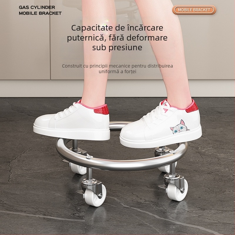 Bază pentru cilindru de gaz cu roți universale și frână, oțel inoxidabil, tavă mobilă