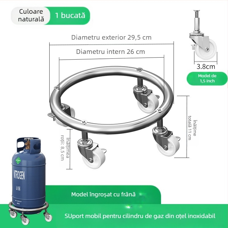 Bază pentru cilindru de gaz cu roți universale și frână, oțel inoxidabil, tavă mobilă