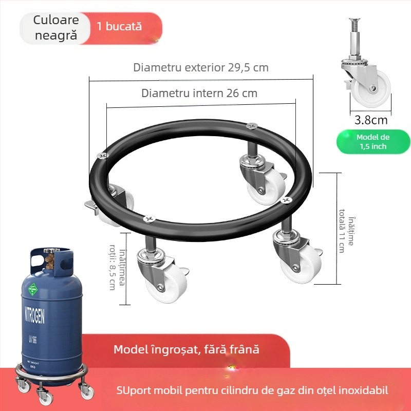 Bază pentru cilindru de gaz cu roți universale și frână, oțel inoxidabil, tavă mobilă