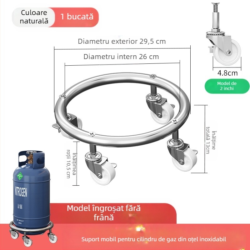 Bază pentru cilindru de gaz cu roți universale și frână, oțel inoxidabil, tavă mobilă