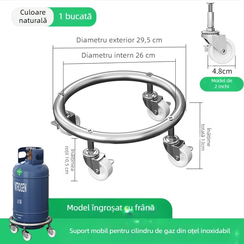 Bază pentru cilindru de gaz cu roți universale și frână, oțel inoxidabil, tavă mobilă