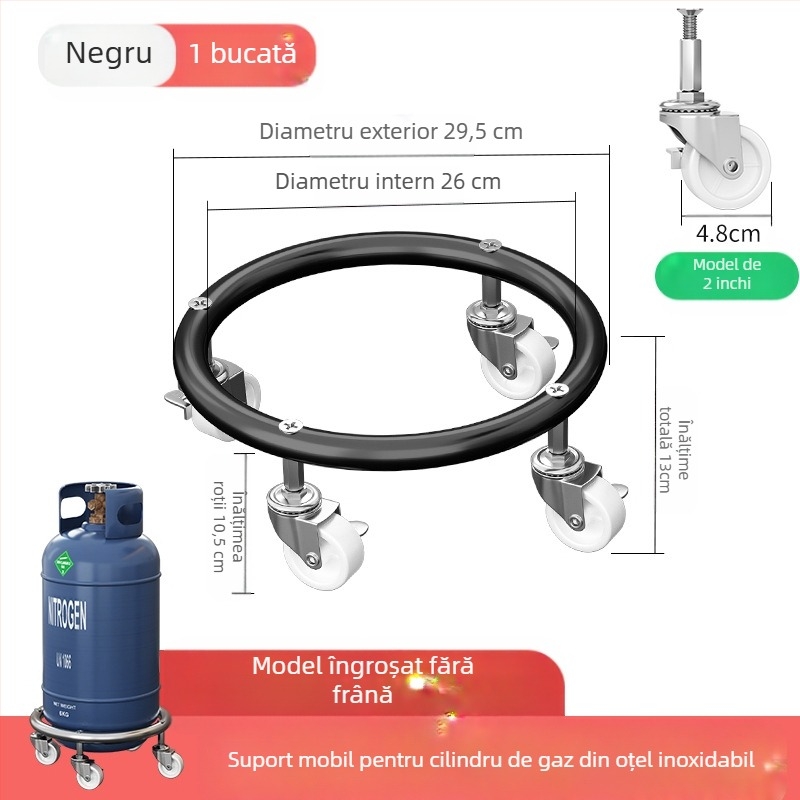 Bază pentru cilindru de gaz cu roți universale și frână, oțel inoxidabil, tavă mobilă
