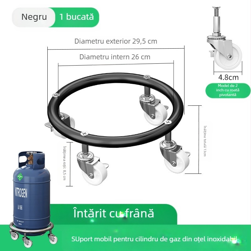 Bază pentru cilindru de gaz cu roți universale și frână, oțel inoxidabil, tavă mobilă