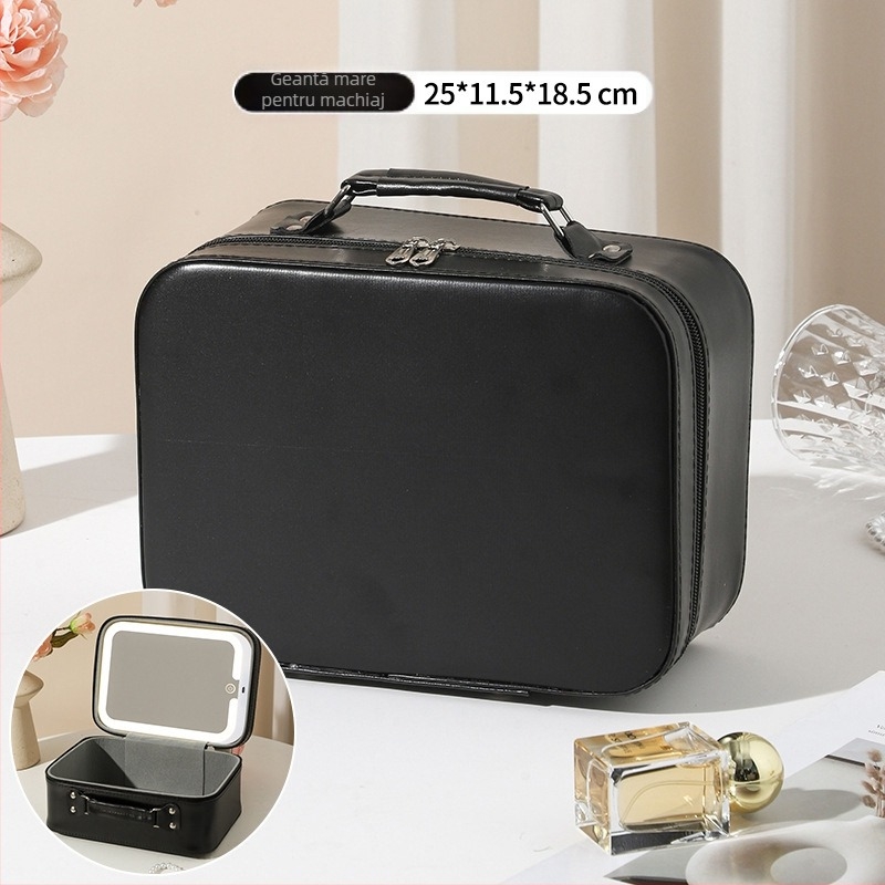 Geantă de toaletă cu oglindă, material PU, capacitate mare, portabilă, impermeabilă