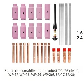 Set de consumabile pentru pistol TIG WP17/18/26 — clemă WT20 pentru electrod tungsten, diametrul miezului 1,6 mm