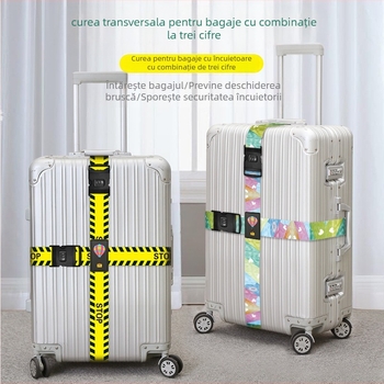 Bandă de securitate pentru bagaje, design încrucișat, încuietoare cu parolă dublă, fixare intensificată, bandă poliester imprimată cu dungi