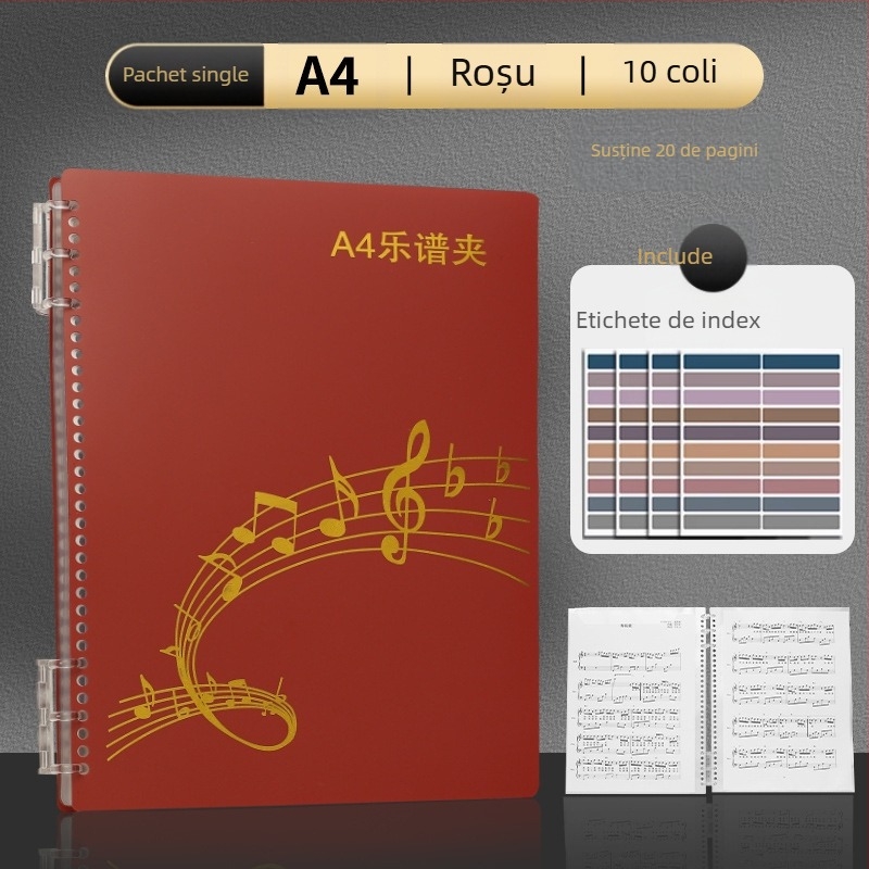 Dosar din plastic pentru partituri cu clips, finisaj mat, ajustabil, 20 de pagini, grosime 14C