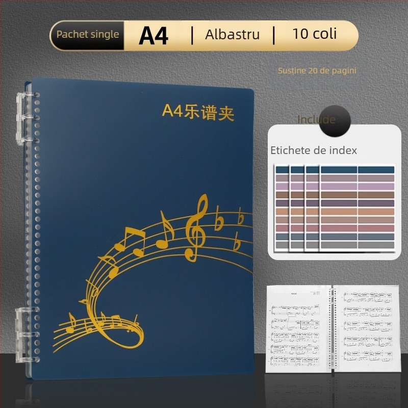 Dosar din plastic pentru partituri cu clips, finisaj mat, ajustabil, 20 de pagini, grosime 14C