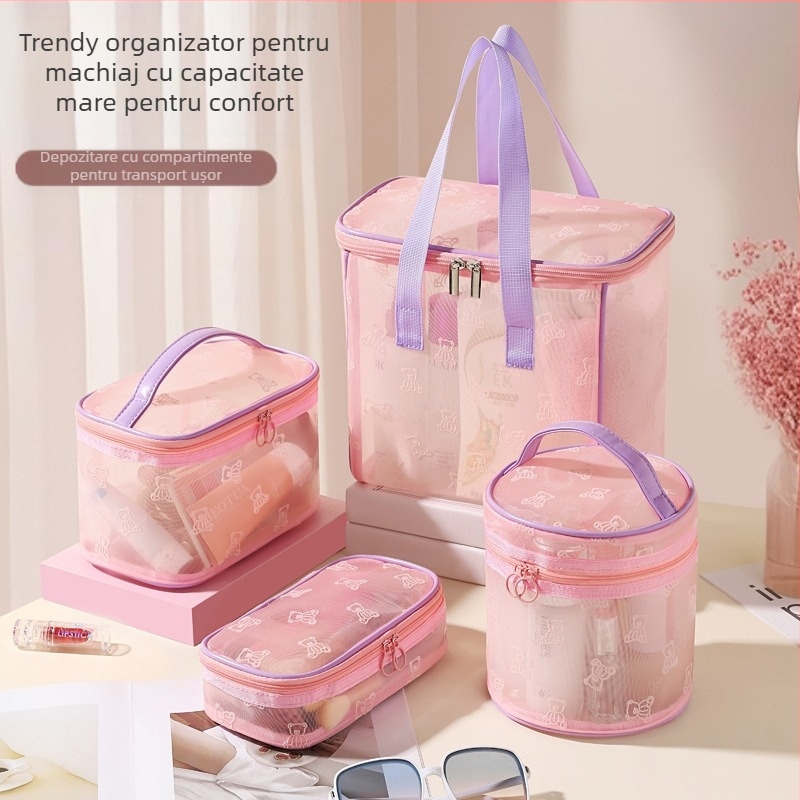Geantă de toaletă din plasă de nylon, formă cub, organizator cosmetic de călătorie, multifuncțional