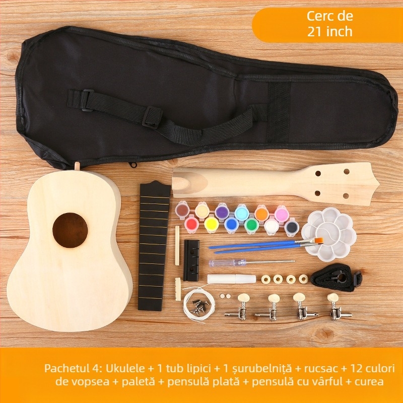 Kit DIY din lemn pentru ukulele pentru copii — instrument muzical de montat, brand Xiao Caidi, stimulează comunicarea părinte-copil
