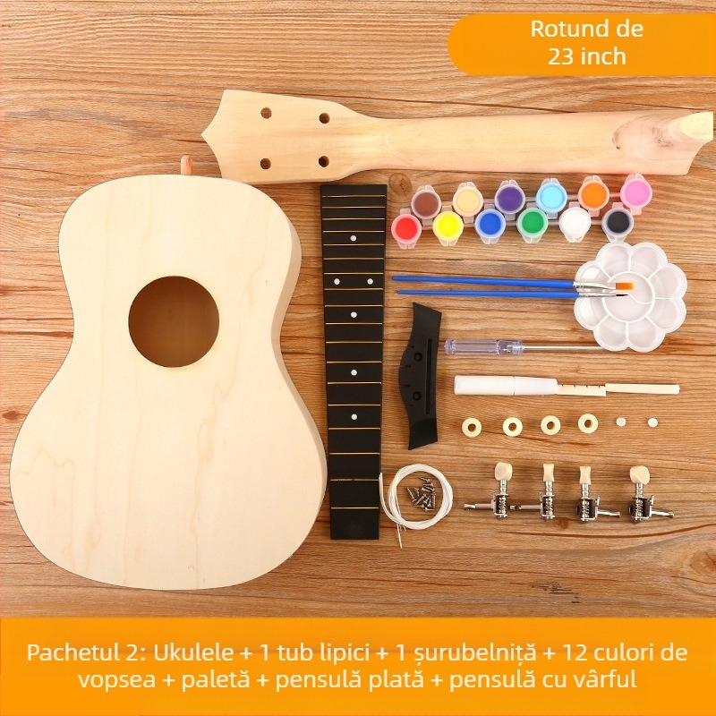 Kit DIY din lemn pentru ukulele pentru copii — instrument muzical de montat, brand Xiao Caidi, stimulează comunicarea părinte-copil