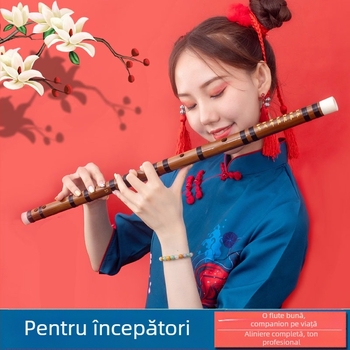 Flaută - stil antic, flaută din bambus transversal; model cu o singură secțiune; ambalată într-o geantă de pânză; origine Hunan Nanyue