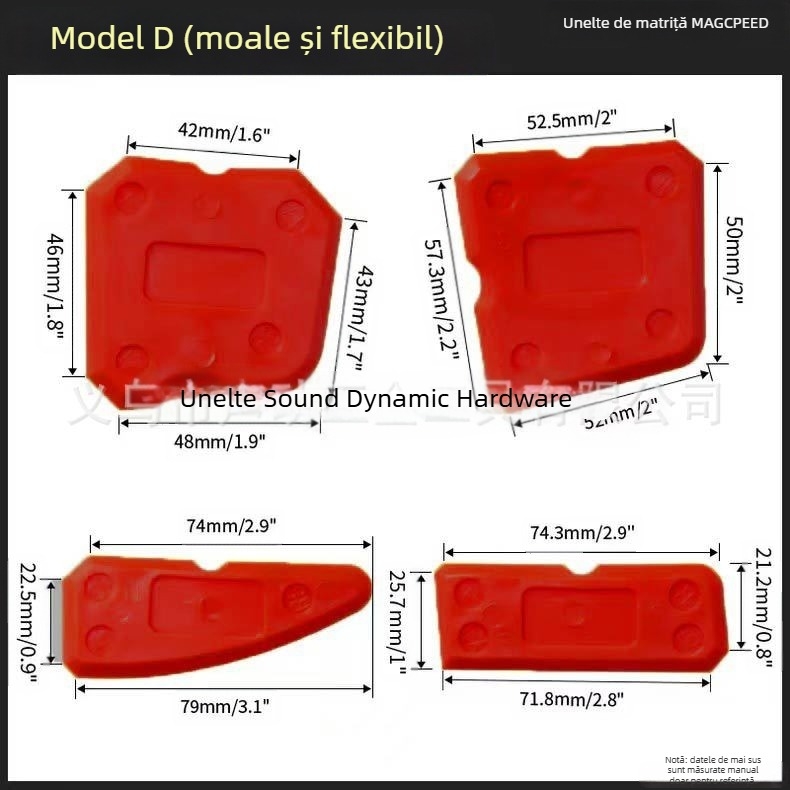 Set de 9 piese: raclă unghiulară, distribuitor de adeziv, raclă pentru rosturi de sticlă, unealtă pentru rosturi de plăci; material: plastic + silicon