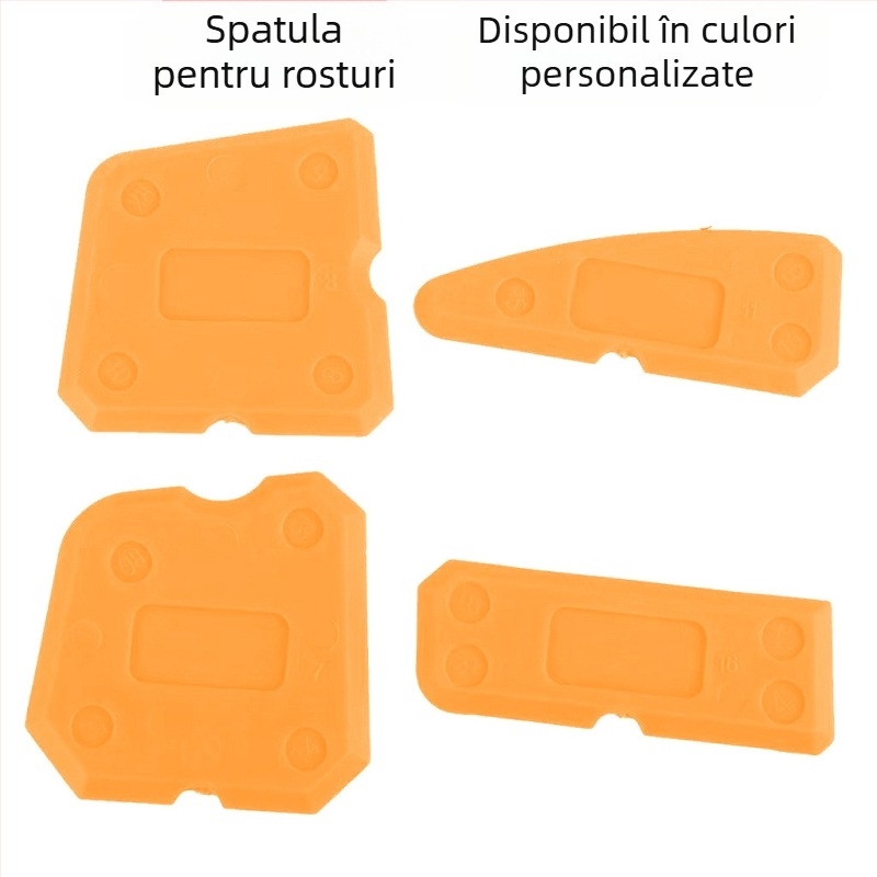 Set de 9 piese: raclă unghiulară, distribuitor de adeziv, raclă pentru rosturi de sticlă, unealtă pentru rosturi de plăci; material: plastic + silicon