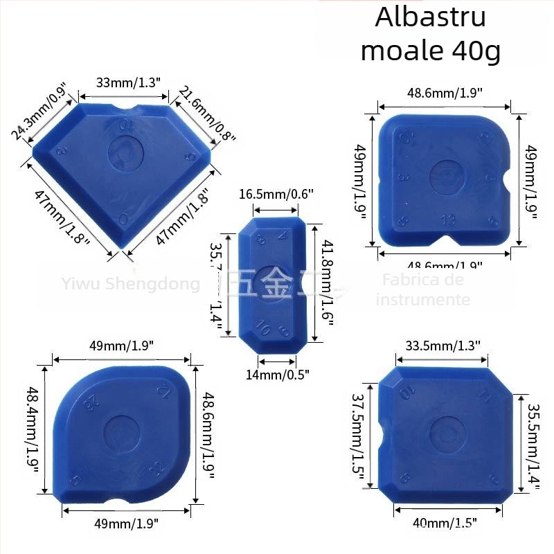 Set de 9 piese: raclă unghiulară, distribuitor de adeziv, raclă pentru rosturi de sticlă, unealtă pentru rosturi de plăci; material: plastic + silicon