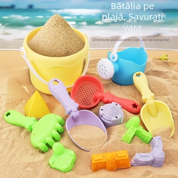 Set de unelte pentru joacă cu nisip pe plajă: găleată pliabilă, lopată și accesorii cu clepsidră – din plastic, pentru copii 4–6 ani