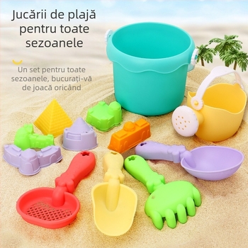 Set de unelte pentru joacă cu nisip pe plajă: găleată pliabilă, lopată și accesorii cu clepsidră – din plastic, pentru copii 4–6 ani