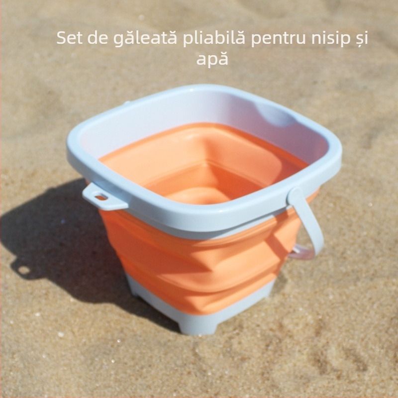 Set de unelte pentru joacă cu nisip pe plajă: găleată pliabilă, lopată și accesorii cu clepsidră – din plastic, pentru copii 4–6 ani