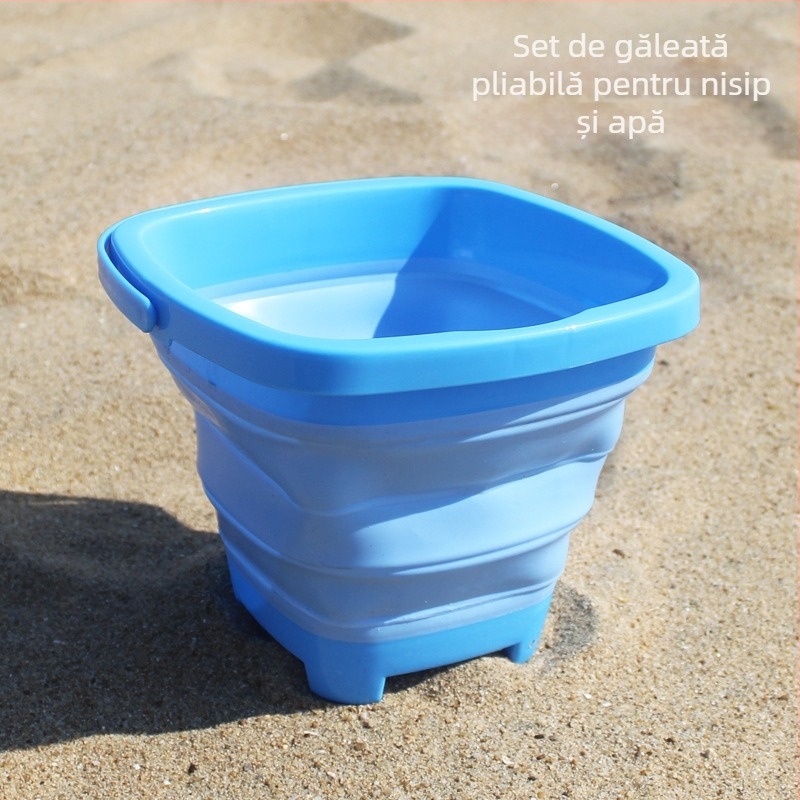 Set de unelte pentru joacă cu nisip pe plajă: găleată pliabilă, lopată și accesorii cu clepsidră – din plastic, pentru copii 4–6 ani