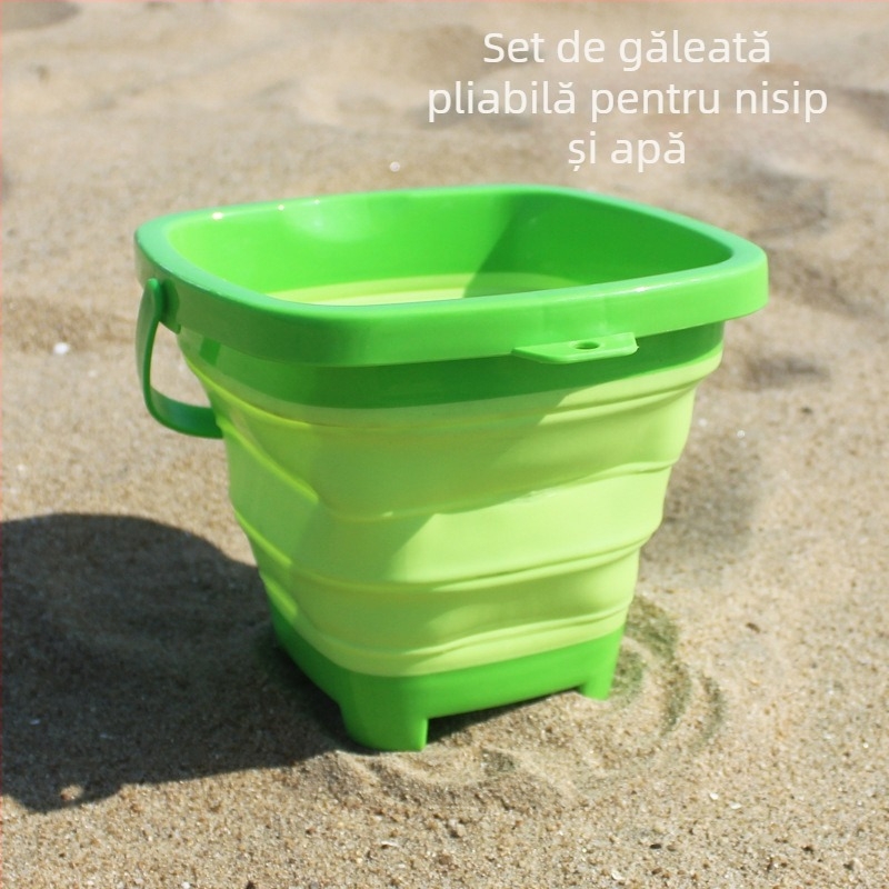 Set de unelte pentru joacă cu nisip pe plajă: găleată pliabilă, lopată și accesorii cu clepsidră – din plastic, pentru copii 4–6 ani