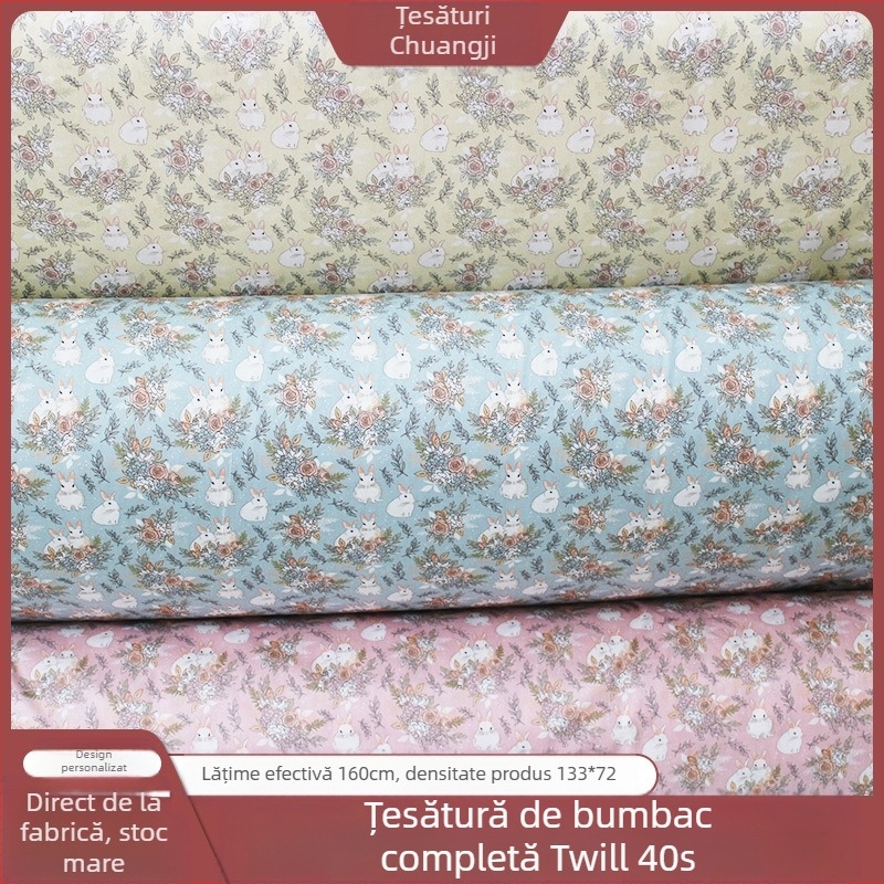 Serie Americană: Țesătură din bumbac twill 40s pentru haine de bebe – model floral mic, imprimare cu adeziv, 100% bumbac