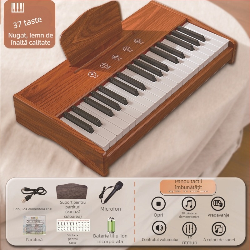 LECHEN keyboard electronic portabil din lemn pentru copii, model 25 de taste/37 de taste